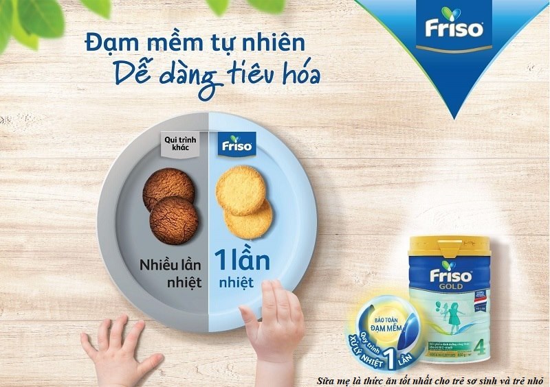 Sữa Friso Gold ứng dụng quy trình xử lý 1 lần nhiệt, giúp bảo toàn lượng đạm nhỏ, mềm, hỗ trợ tiêu hóa khỏe, hấp thu nhanh. Ảnh: Friso