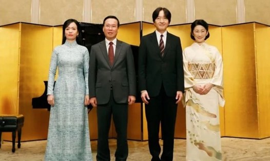 Chủ tịch nước Võ Văn Thưởng và Phu nhân cùng Hoàng Thái tử Akishino và Công nương tại Lễ kỷ niệm 50 năm thiết lập quan hệ ngoại giao Việt Nam - Nhật Bản. Ảnh: TTXVN