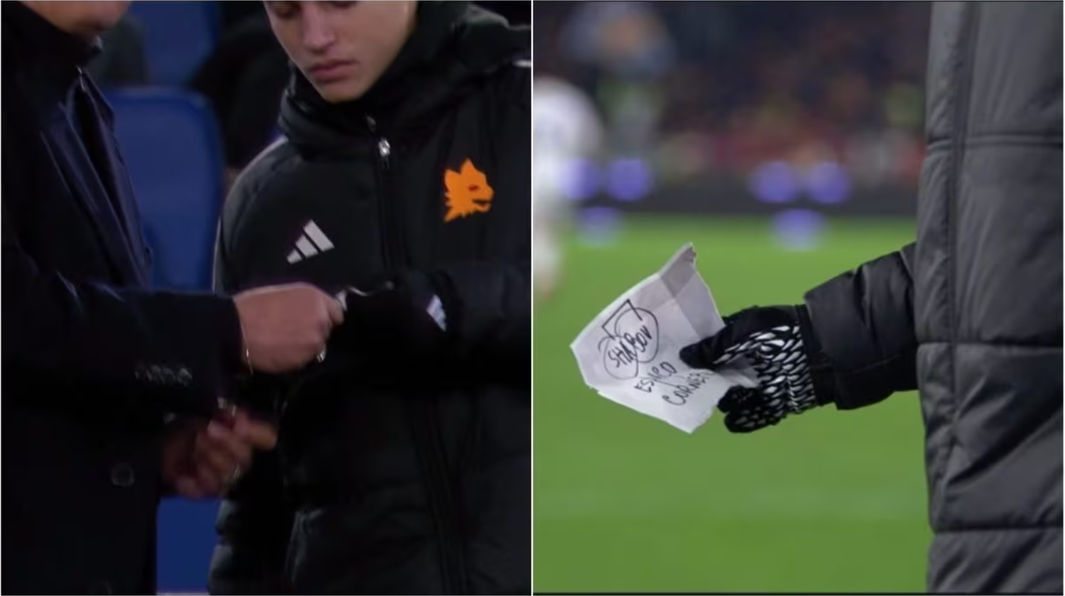 Mảnh giấy được Mourinho nhờ cậu bé nhặt bóng đưa cho Rui Patricio. Ảnh: Cắt từ video