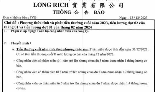 Thông báo thưởng Tết Giáp Thìn 2024 của Công ty TNHH Long Rich. Ảnh: Đức Long 