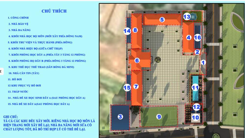Dự kiến quy mô công trình Trường THPT Lý Sơn ở huyên đảo Lý Sơn khá hiện đại, có cả hồ bơi, sân bóng đá... Ảnh THPT Lý Sơn
