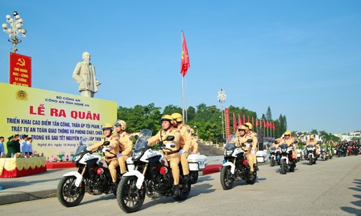 Công an tỉnh Nghệ An ra quân tấn công trấn áp tội phạm, giữ gìn an ninh trật tự dịp Tết Nguyên đán. Ảnh: Công an Nghệ An
