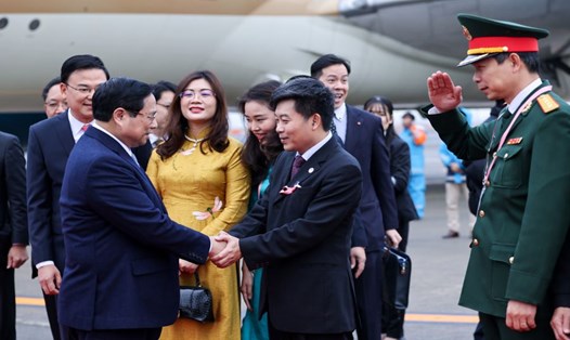 Lễ đón Thủ tướng Chính phủ Phạm Minh Chính tại sân bay quốc tế Haneda ở thủ đô Tokyo, Nhật Bản. Ảnh: VGP