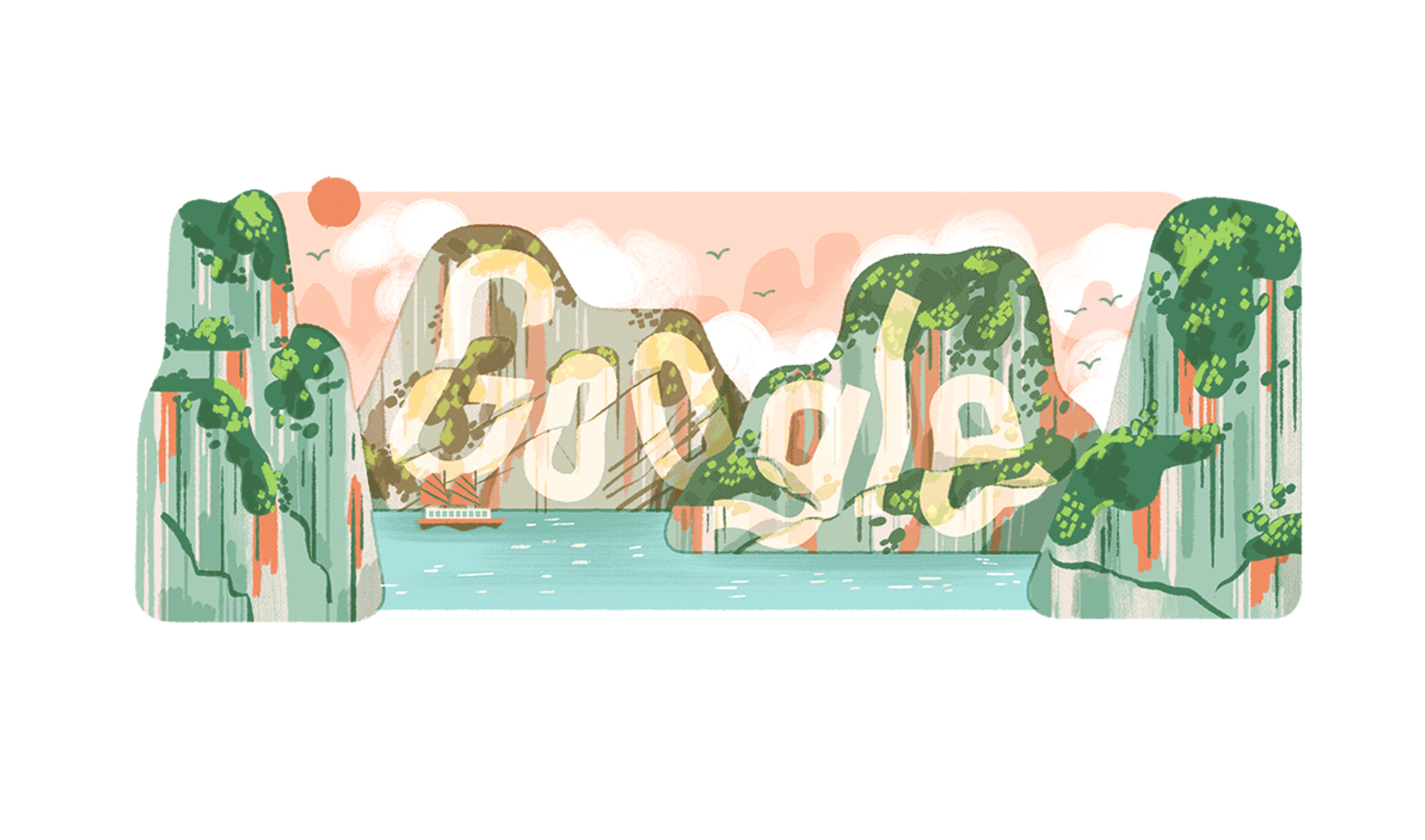 Google Doodles mô tả lại trong ảnh động một góc đặc trưng của vịnh Hạ Long, với một con tàu băng qua và đàn chim bay lượn trên bầu trời. Ảnh: Google Doodles