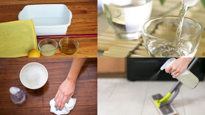 Thêm giấm và tinh dầu vào chai xịt có thể làm sạch, khử mùi và sáng bóng sàn gỗ. Ảnh đồ họa: Hàn Lâm. 