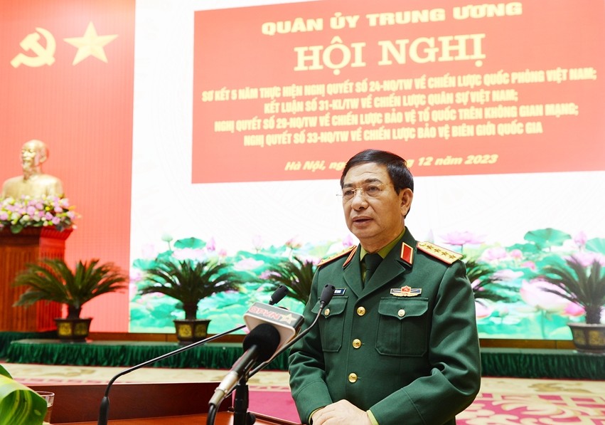 Đại tướng Phan Văn Giang, Ủy viên Bộ Chính trị, Phó Bí thư Quân ủy Trung ương, Bộ trưởng Bộ Quốc phòng chủ trì hội nghị. Ảnh: Bộ Quốc phòng