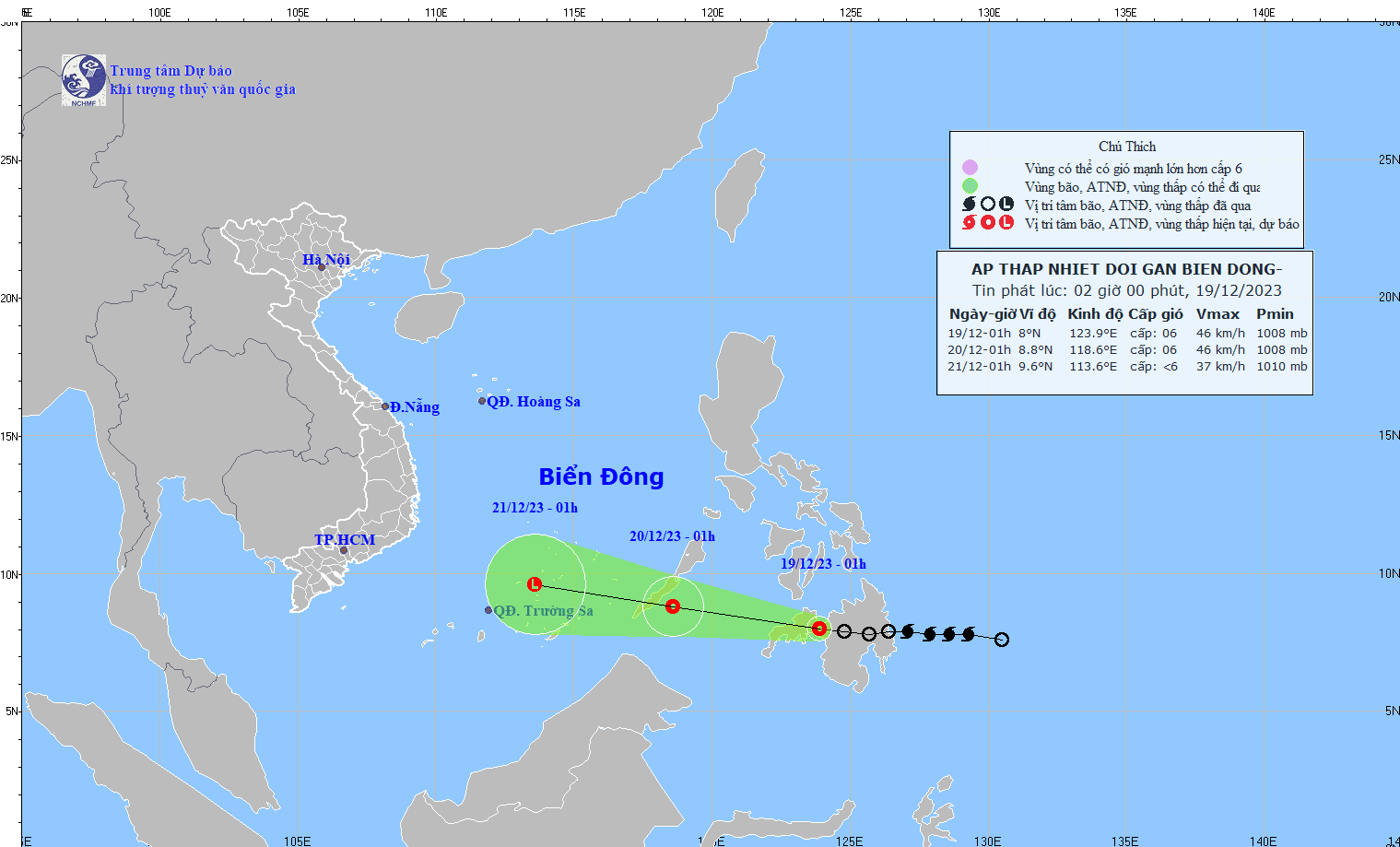 Dự báo đường đi của áp thấp nhiệt đới gần Biển Đông. Ảnh: Trung tâm Khí tượng Thủy văn Quốc gia Việt Nam 