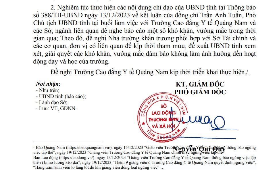 Động thái mới của Sở LĐTB&XH Quảng Nam sau phản ánh giảng viên ngừng việc tập thể vì bị nợ lương trên báo chí. Ảnh chụp văn bản.