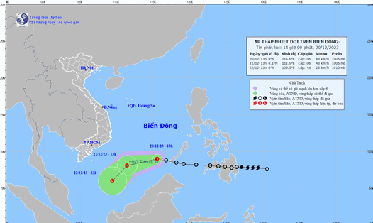 Áp thấp nhiệt đới trên Biển Đông dự kiến chuyển hướng liên tục. Ảnh: Trung tâm Dự báo Khí tượng Thủy văn Quốc gia 