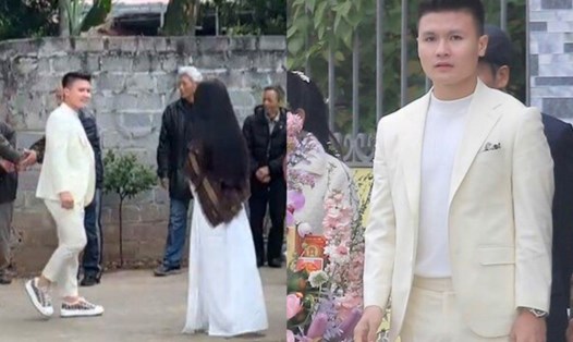 Tiền vệ Quang Hải diện vest trắng trong lễ dạm ngõ. Ảnh cắt từ video