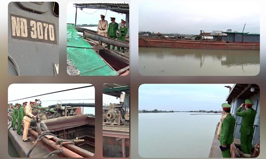 Bắt quả tang 2 tàu khai thác cát trong đêm trên sông ở Nam Định. Ảnh: Công an tỉnh Nam Định