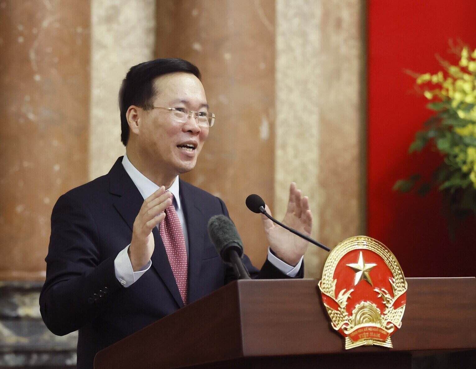 Chủ tịch nước Võ Văn Thưởng phát biểu trong cuộc gặp mặt các trưởng cơ quan đại diện Việt Nam ở nước ngoài. Ảnh: TTXVN