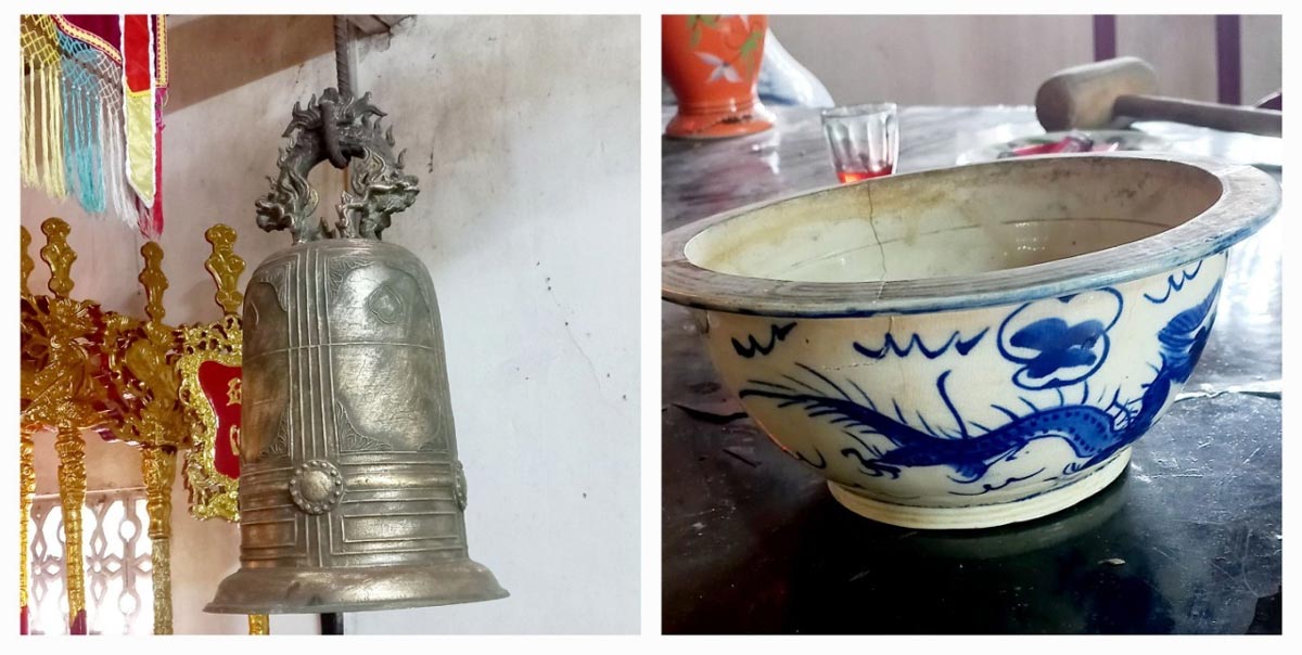 Chuông đồng và bát hương bằng sứ đã được Công an huyện Ý Yên thu hồi, trao trả cho đình làng thôn Khang Phú Quý. Ảnh: Công an cung cấp