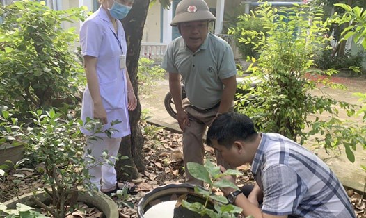 Kiểm tra bọ gậy ở các loại hình chứa nước chậu cây, chậu cảnh, ngăn chứa nước máy quạt, bể chứa nước ngoài trời để ngăn ngừa dịch sốt xuất huyết. Ảnh: CDC Thừa Thiên Huế.