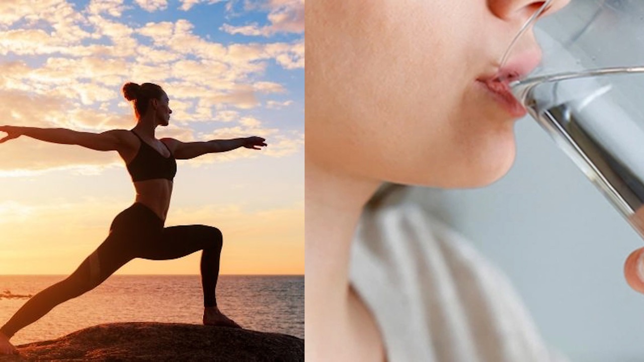 Tập yoga hoặc uống nước giúp giảm đau đầu. Ảnh ghép: Nguyễn Ly 