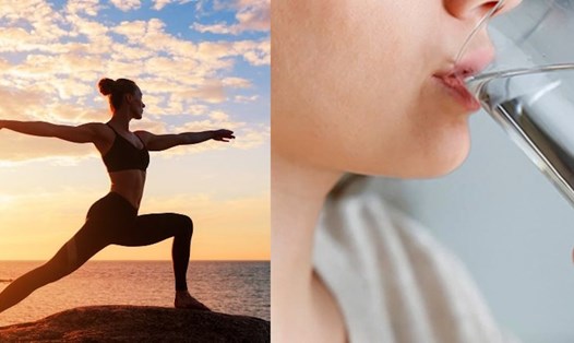 Tập yoga hoặc uống nước giúp giảm đau đầu. Ảnh ghép: Nguyễn Ly 