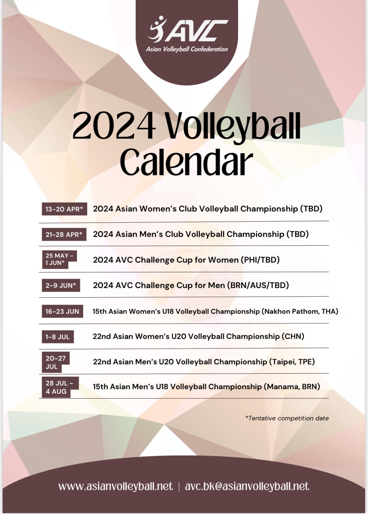 Lịch trình các giải đấu trong năm 2024 của Liên đoàn bóng chuyền châu Á. Ảnh: AVC