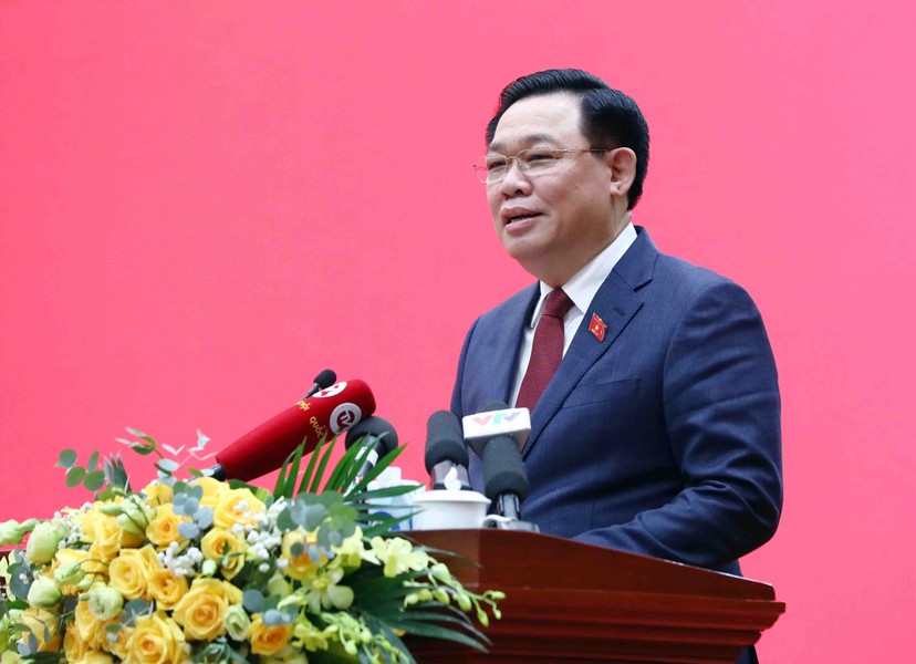 Chủ tịch Quốc hội Vương Đình Huệ phát biểu tại hội nghị về công tác ngành Kiểm sát nhân dân. Ảnh: VPQH