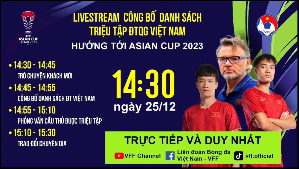 Buổi livestream công bố danh sách tuyển Việt Nam bắt đầu vào lúc 14h30 hôm nay (25.12). Ảnh: VFF