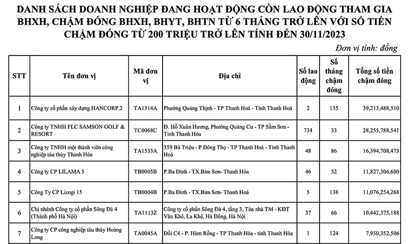 Danh sách Top đầu nợ bảo hiểm tại Thanh Hoá.