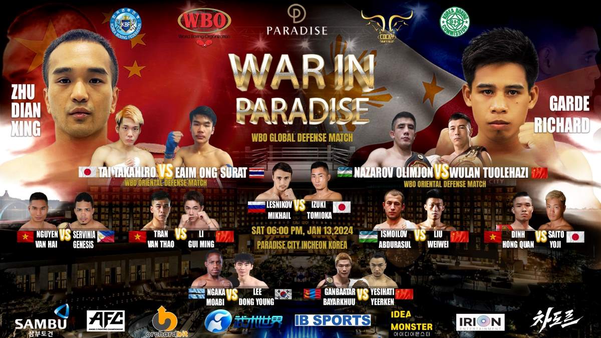 Sự kiện WBO Title Match: War in Paradise qui tụ dàn võ sĩ nổi tiếng khắp châu Á tham dự. Ảnh: Cocky Buffalo