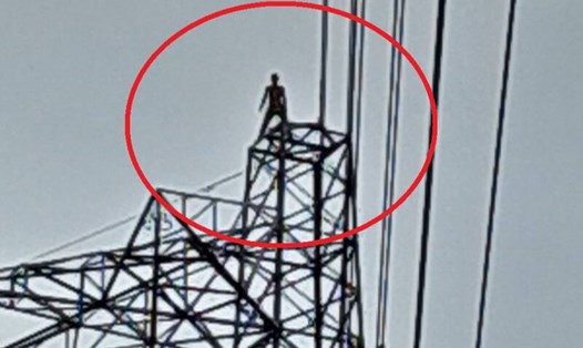 Ông N leo tới đỉnh của cột điện cao thế 500kV. Ảnh: Công an cung cấp