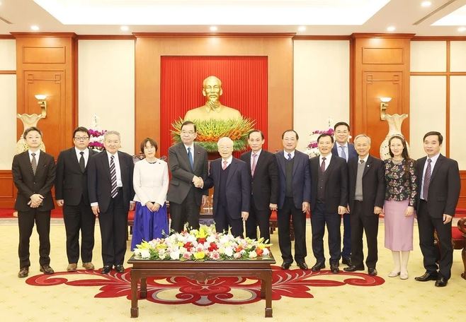 Tổng Bí thư Nguyễn Phú Trọng nhấn mạnh về truyền thống đoàn kết, hữu nghị giữa Đảng Cộng sản Nhật Bản và Đảng Cộng sản Việt Nam được xây dựng trong những năm tháng đấu tranh cách mạng. Ảnh: TTXVN