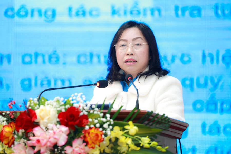 Phó Chủ tịch Tổng LĐLĐVN Thái Thu Xương trình bày chuyên đề tại hội nghị. Ảnh: Hải Nguyễn