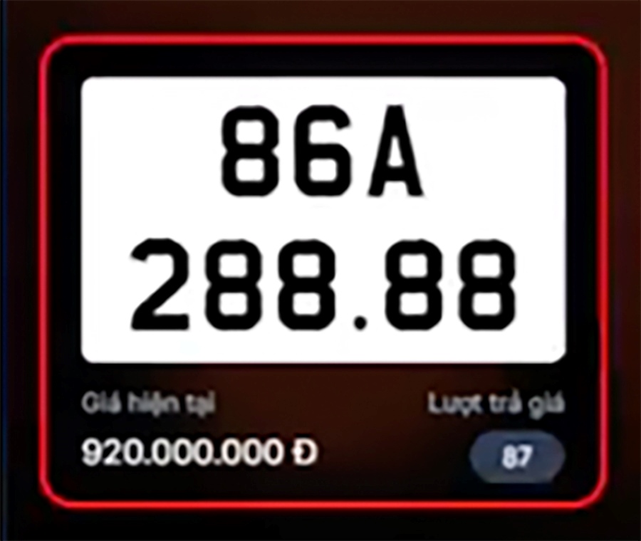 Bển số 86A - 288.88 trúng giá 920 triệu đồng. Ảnh chụp màn hình