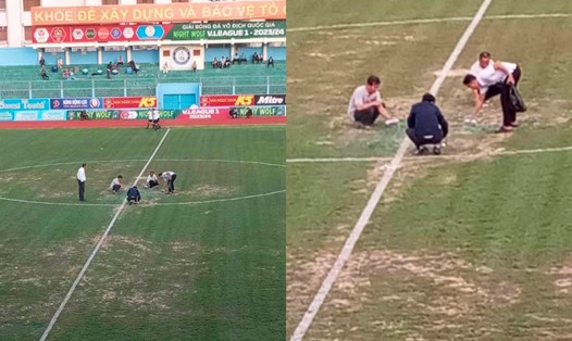 Sân 19 tháng 8 của Khánh Hoà xịt sơn để làm xanh mặt cỏ khi lên truyền hình. Ảnh cắt từ video