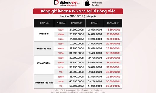 Bảng giá iPhone 15 series tại Di Động Việt (cập nhật ngày 26.12.2023). Ảnh: Di Động Việt