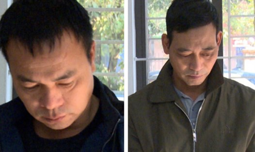 Các đối tượng Nguyễn Thanh Ngọc và Phạm Văn Võ tại cơ quan điều tra. Ảnh: Bùi Thành/Công an tỉnh Thái Bình