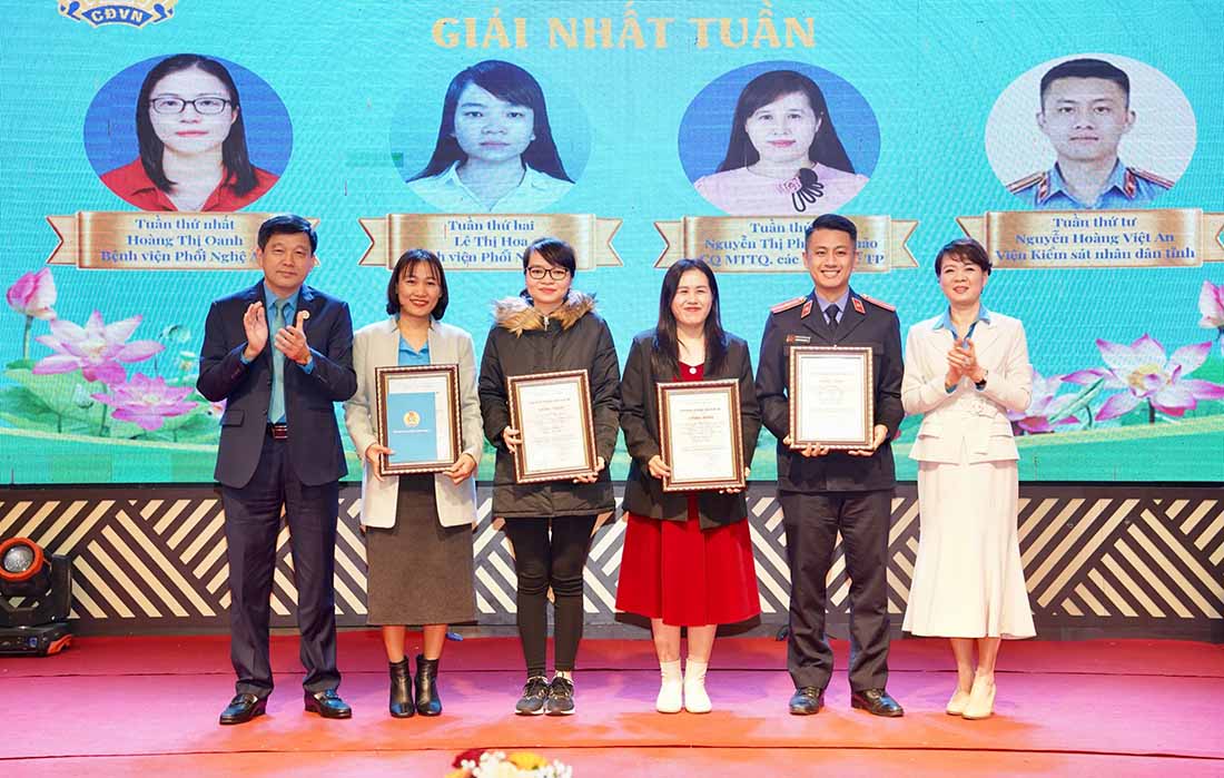 Ban tổ chức trao giải cho 1 tập thể và 4 cá nhân có thành tích xuất sắc trong cuộc thi “Tìm hiểu Nghị quyết . Ảnh: Quỳnh Trang