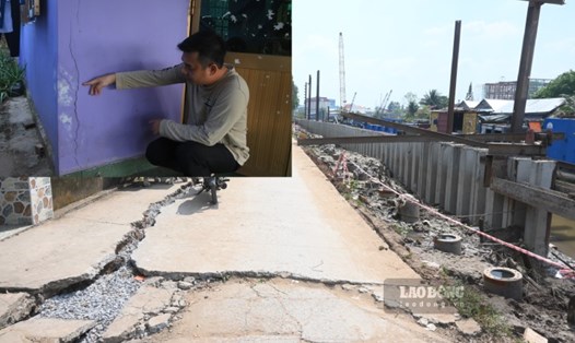 Trong quá trình thi công dự án đường giao thông hai bên bờ sông Bảo Định, đơn vị thi công đã đóng cọc đã khiến nhà cửa của người dân, tuyến đường bị nứt. Ảnh: Thành Nhân