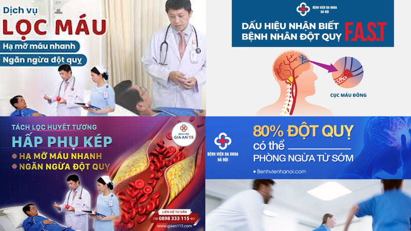 Hình ảnh: Loạt cơ sở quảng cáo về dịch vụ lọc máu ngừa đột quỵ. Ảnh: Nhóm PV.