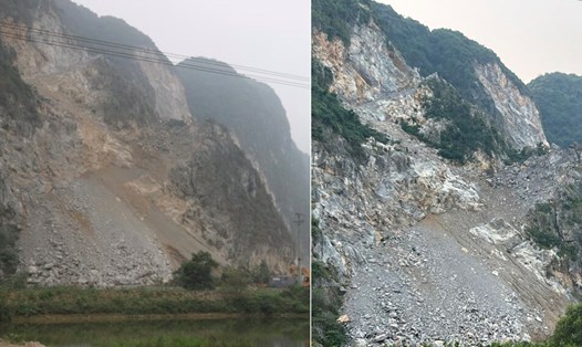 Mỏ đá nhiều tai tiếng ở xã Khoan Dụ, huyện Lạc Thuỷ thời điểm bị đình chỉ tháng 4.2023 (bên trái) và hiện tại (bên phải). 
