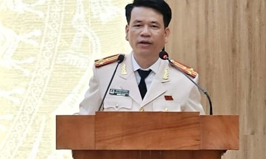 Tân Trưởng Công an TP Thanh Hóa Đỗ Ngọc Dương phát biểu khi nhận quyết định bổ nhiệm. Ảnh: CAT Thanh Hoá