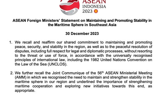 Tuyên bố Bộ trưởng Ngoại giao ASEAN về thúc đẩy ổn định không gian biển. Ảnh chụp màn hình.