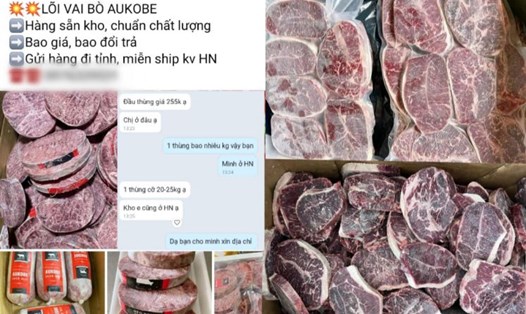 Chị Vinh (kinh doanh thực phẩm nhập khẩu đông lạnh tại phường Yên Sở, quận Hoàng Mai, Hà Nội) giới thiệu cho phóng viên một thùng lõi vai bò nhập khẩu từ Mỹ nặng khoảng 20kg, có giá bán chỉ 255.000 đồng/thùng. Ảnh: Thu Giang