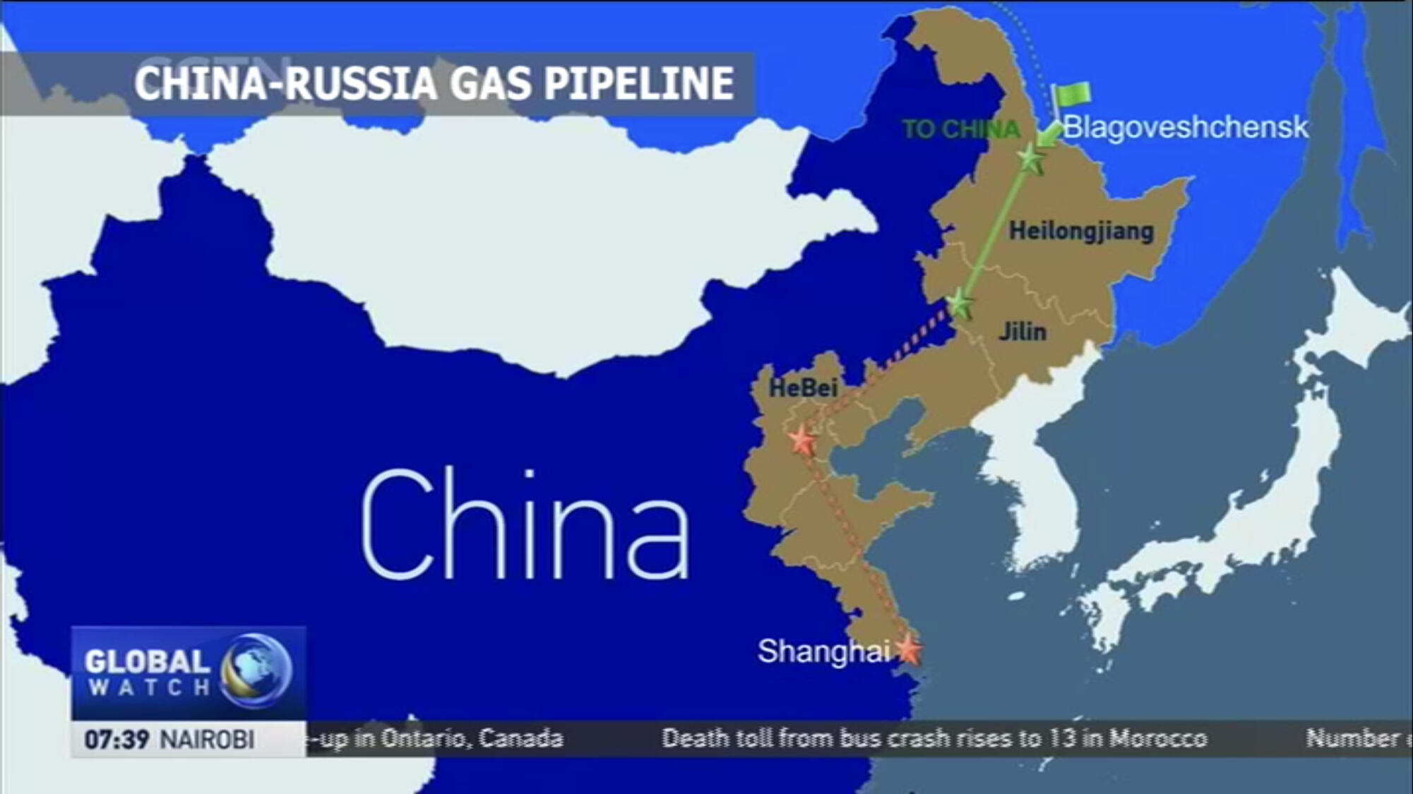 Đường ống dẫn khí tuyến phía đông Nga - Trung Quốc. Ảnh chụp màn hình đài CGTN