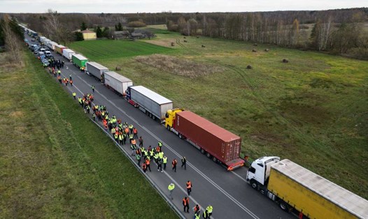 Xe tải ùn ứ ở biên giới Ukraina - Ba Lan, ngày 10.11.2023. Ảnh: AFP