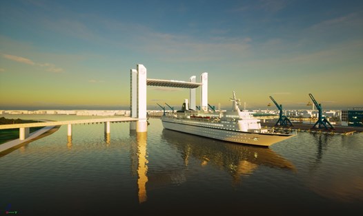 Phối cảnh cầu Thủ Thiêm 4 có thể nâng hạ nhịp cho tàu thuyền lớn qua lại. Ảnh: Công ty Tư vấn thiết kế cảng - kỹ thuật biển Portcoast