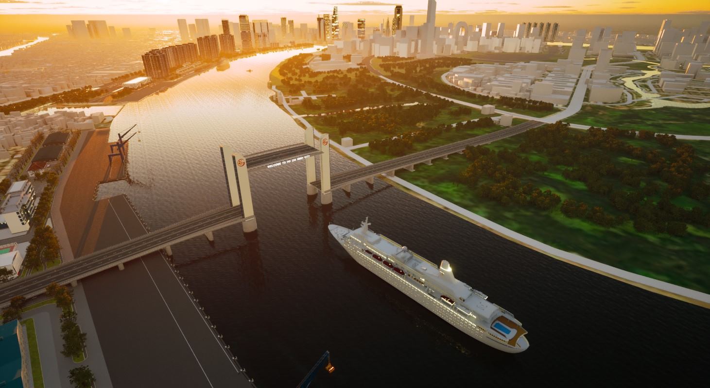 Một phần của cầu Thủ Thiêm 4 có thể nâng lên độ cao 45 m để các tàu lớn đi qua. Ảnh: Công ty Portcoast