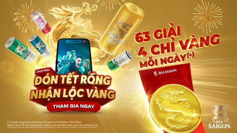 2. Chương trình khuyến mại đặc biệt chào đón Xuân Giáp Thìn 2024 của Bia Saigon sẽ trao 63 bao lì xì hình con Rồng vàng cho khách hàng may mắn. Ảnh: SABECO