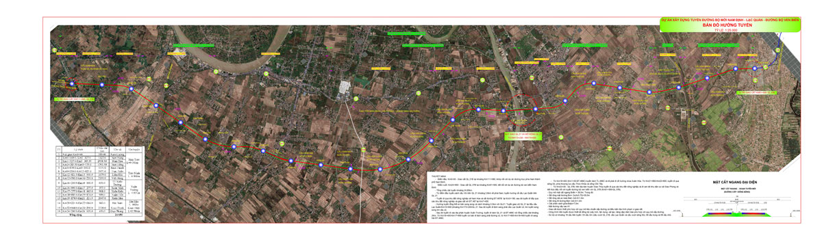 Bản đồ tổng thể hướng tuyến dự án xây dựng tuyến đường bộ ven biển, đoạn qua tỉnh Nam Định. Ảnh: BQL dự án tuyến đường bộ ven biển, đoạn qua tỉnh Nam Định cung cấp.