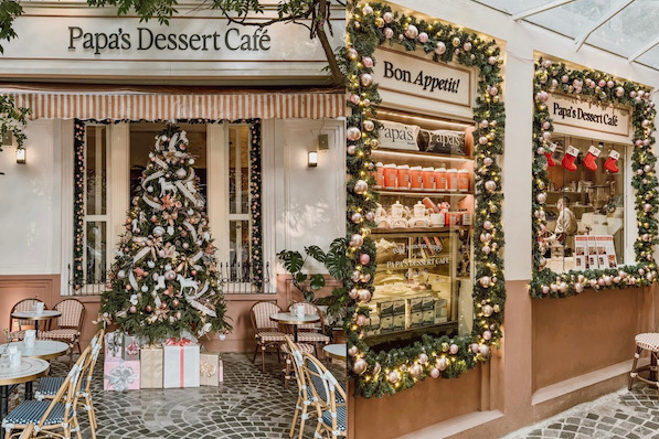 Ngoài khoảng sân được trang trí Giáng Sinh, không gian bên trong quán Papa's Desert Cafe cũng vô cùng lung linh nhờ những quả châu được treo trên cây thông. Đồ hoạ: Phương Anh