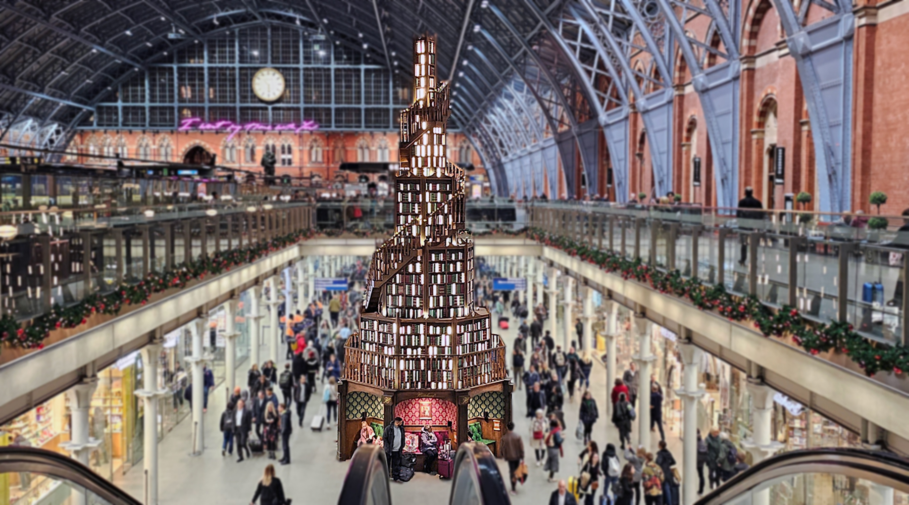 Một kệ sách được làm theo hình cây thông ở Saint Pancras. Ảnh: Ianvisits