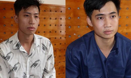Hai đối tượng Phạm Thanh Quang (trái) và Nguyễn Phạm Văn Tài (phải) tại cơ quan công an. Ảnh: Công an cung cấp