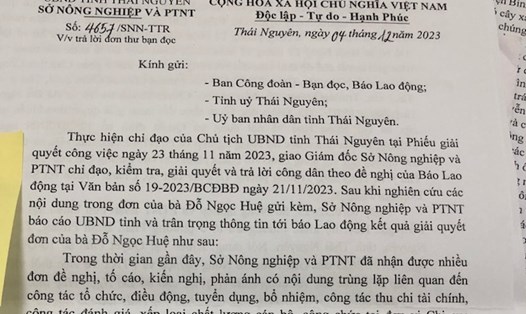 Sở Nông nghiệp và Phát triển nông thôn (NN&PTNT) tỉnh Thái Nguyên đã có công văn trả lời Báo Lao Động. Ảnh: Hạnh An.