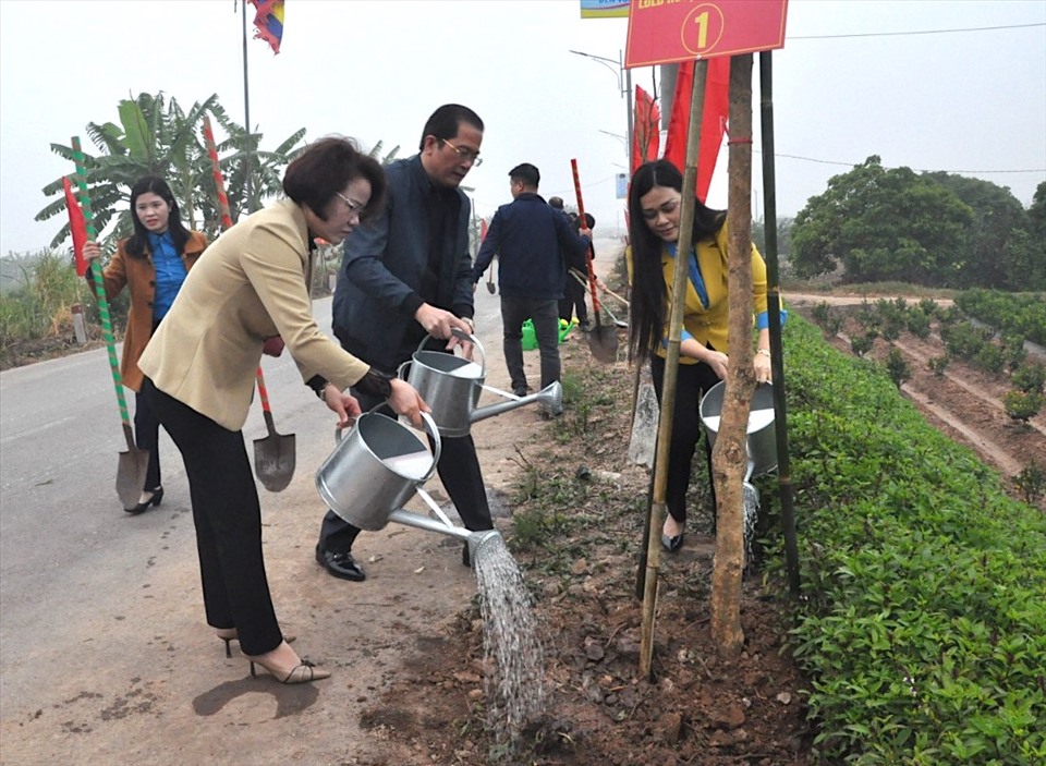 Các đại biểu tham gia trồng "Hàng cây công đoàn". Ảnh: Hồng Ngọc